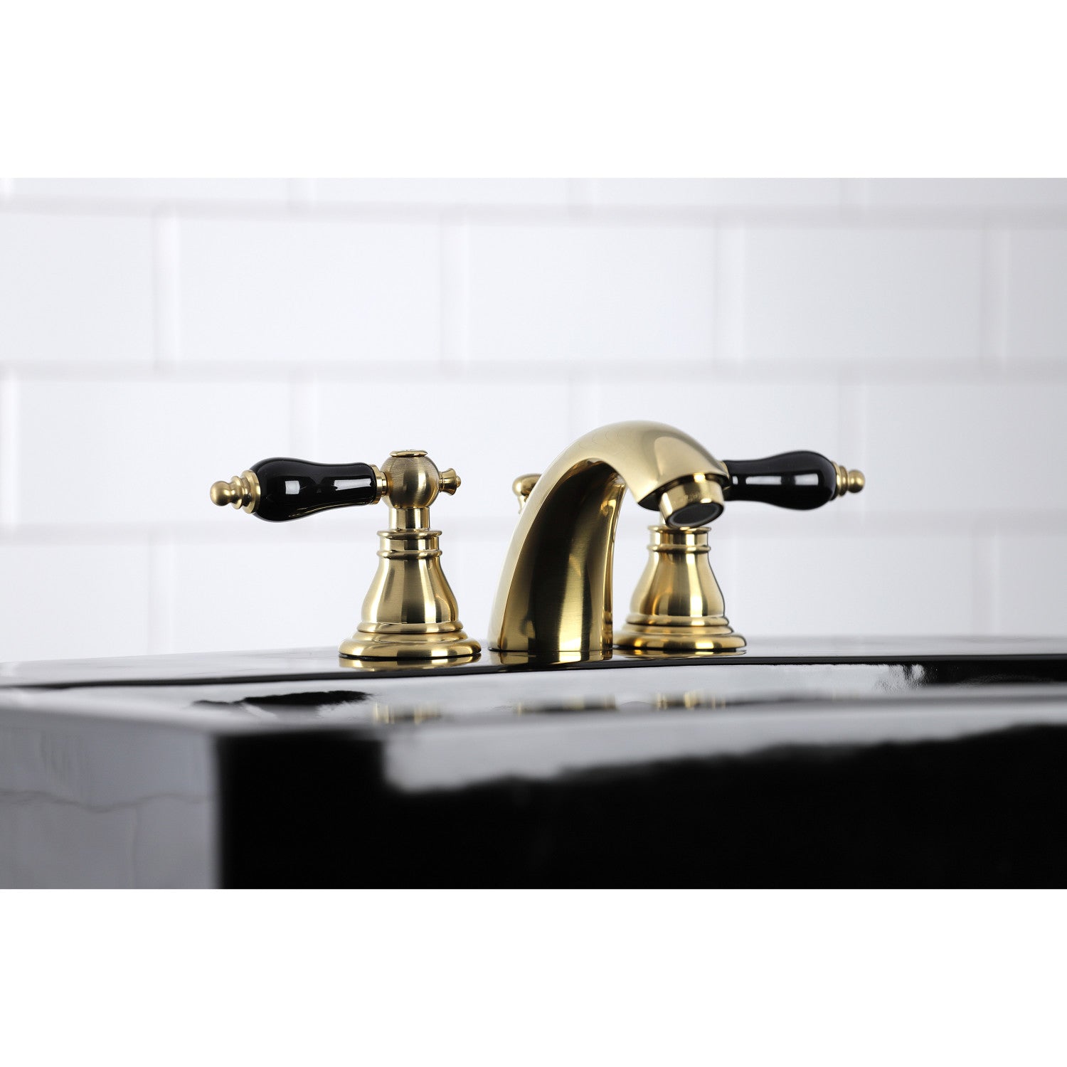 Kingston Heirloom KB957AKLSB - Duchess Two-Handle 3-Hole Deck Mount Mini-Widespread Bathroom Faucet with Pop-Up Drain, Brushed Brass — thumbnail 3